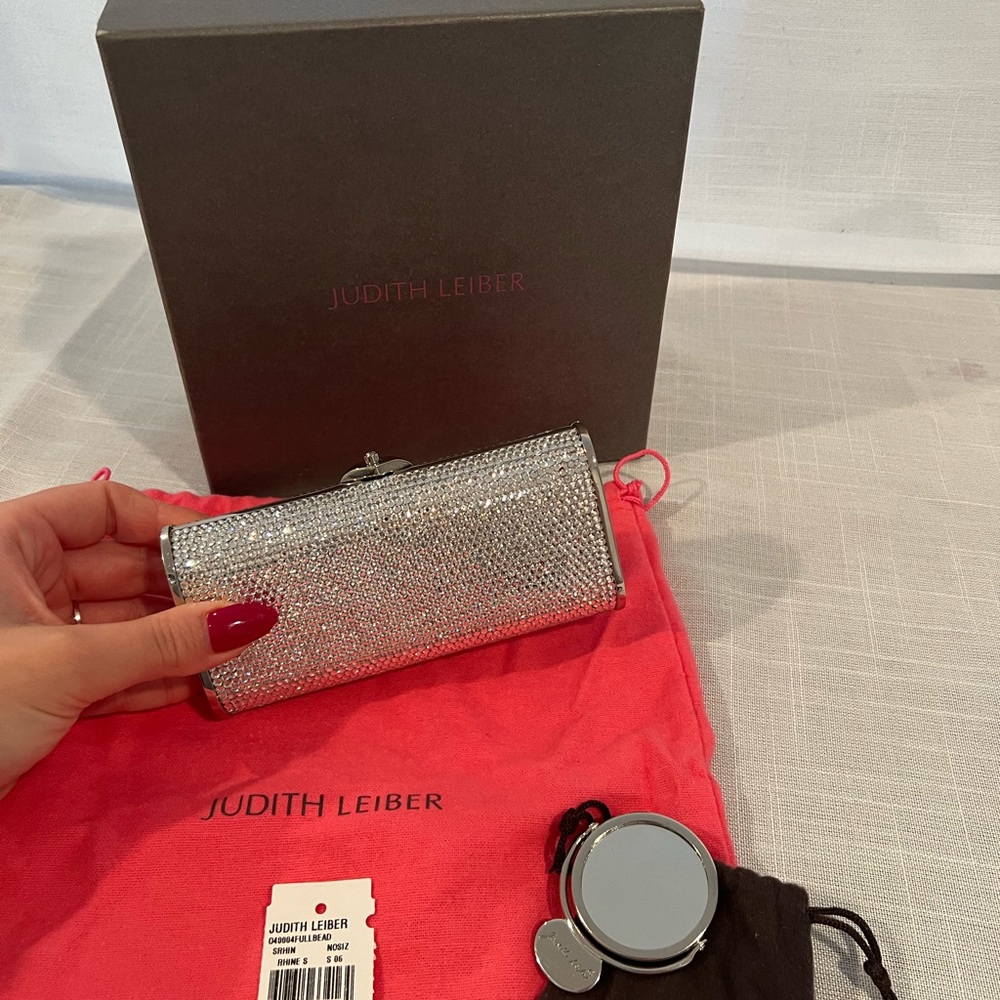 JUDITH LEIBER  Swarovski Crystal Minaudiere Clutch Silver